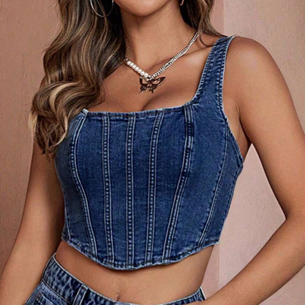 dark Wash Denim zip up Bustier Crop Top